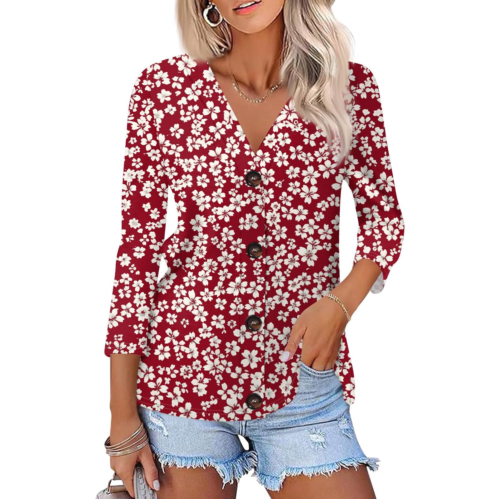 

Женская модная повседневная рубашка на пуговицах с принтом, топ с рукавами 3/4 S красный