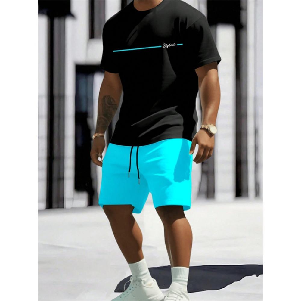 Męski Letni Zestaw Krótkich Spodenek z Krótkim Rękawem z Nadrukiem Krzyża Casualowy Modny Temperament 2-częściowy Streetowy Sesja Wakacyjny Zestaw T-shirtu z Okrągłym Dekoltem