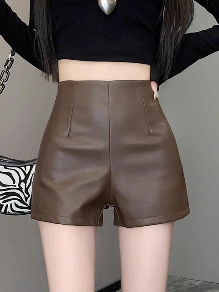 2026 Women's PU Leather High-Waisted A-Line Shorts - Slim Fit, Black, Autumn/Winter Korean Style