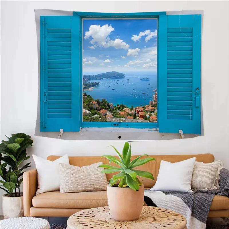 Green Nature Sea Boho Minimalist Art Large Tapestry Curtain Aesthetic Window Landscape Tapestries Wall Hanging Decor Tapestry