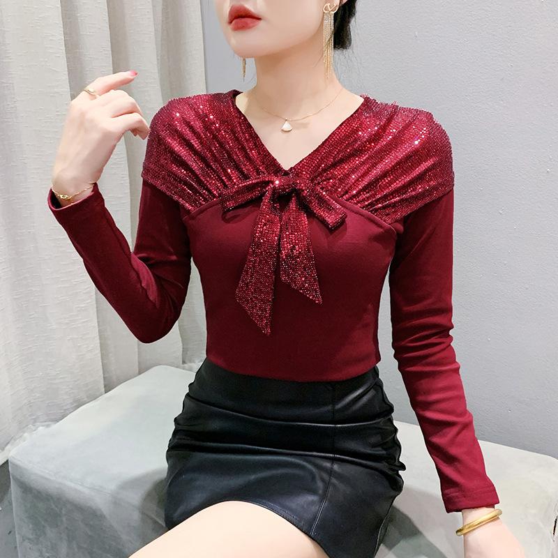 New Winter Sequin V-neck T-shirt for Women Long-sleeved Design Bow Top Fashionable Base Shirt