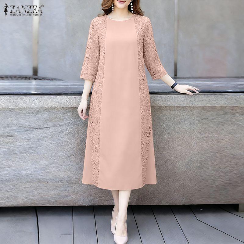 ZANZEA Women Casual Round Neck 3/4 Sleeve Casual Lace Patchwork Dress