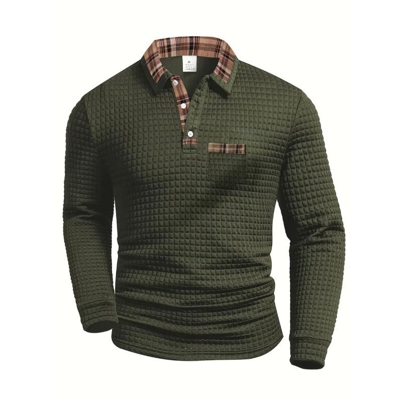 New Spring and Autumn Men's Casual Solid Color Plaid Patchwork Pocket Lapel Long-sleeved Sports Polo Shirt