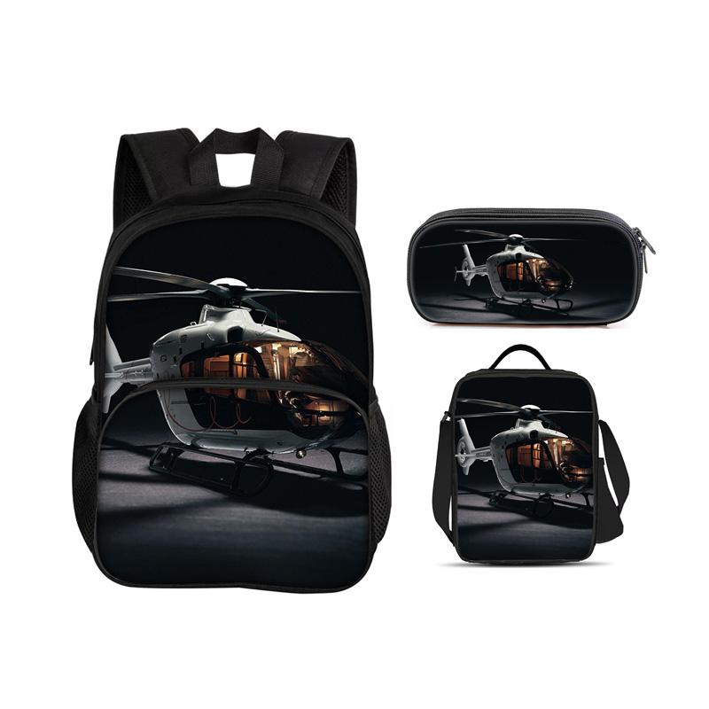 Helicopter Round Front Bag Backpack, Pencil Case, Ice Pack, 3Pcs Set, Mechanical Printing Best Gift for Boys and Girls In School