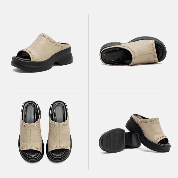 Johnature Genuine Leather Peep Toe Wedges Slippers Versatile Thick Soled Comfortable Women's Outdoor Slides