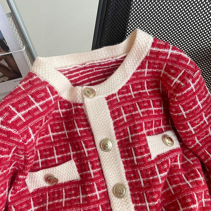 Zimní první láska Červený svetr Cardigan Ženy Design Sense Small High Sense Small Voňavý Nový rok Pletený svetr Cardigan