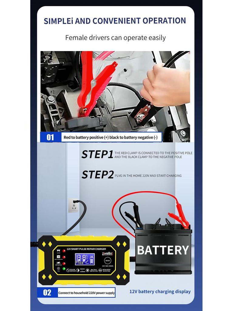 12V 6A Smart Pulse Lead-Acid Battery Charger for Car and Motorcycle