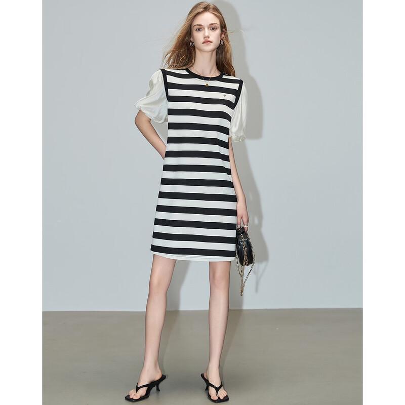 Demana Summer Lyocell Patchwork Striped Round Neck Lantern Sleeve Dress