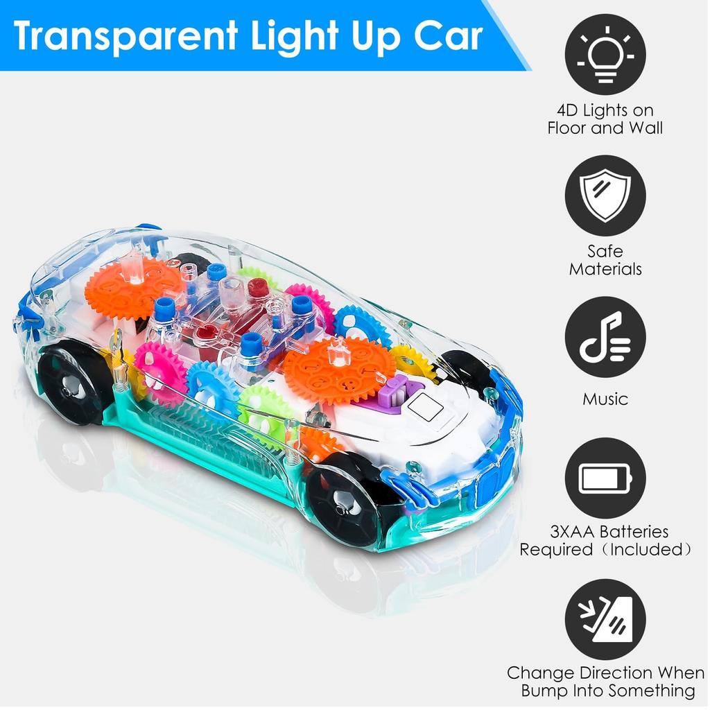 Light Up Transparent Sensory Car Toys, Crash And Walk Toy Cars With Colorful Moving Gears, Music And LED Effects, Fun Automatic Steering Toys