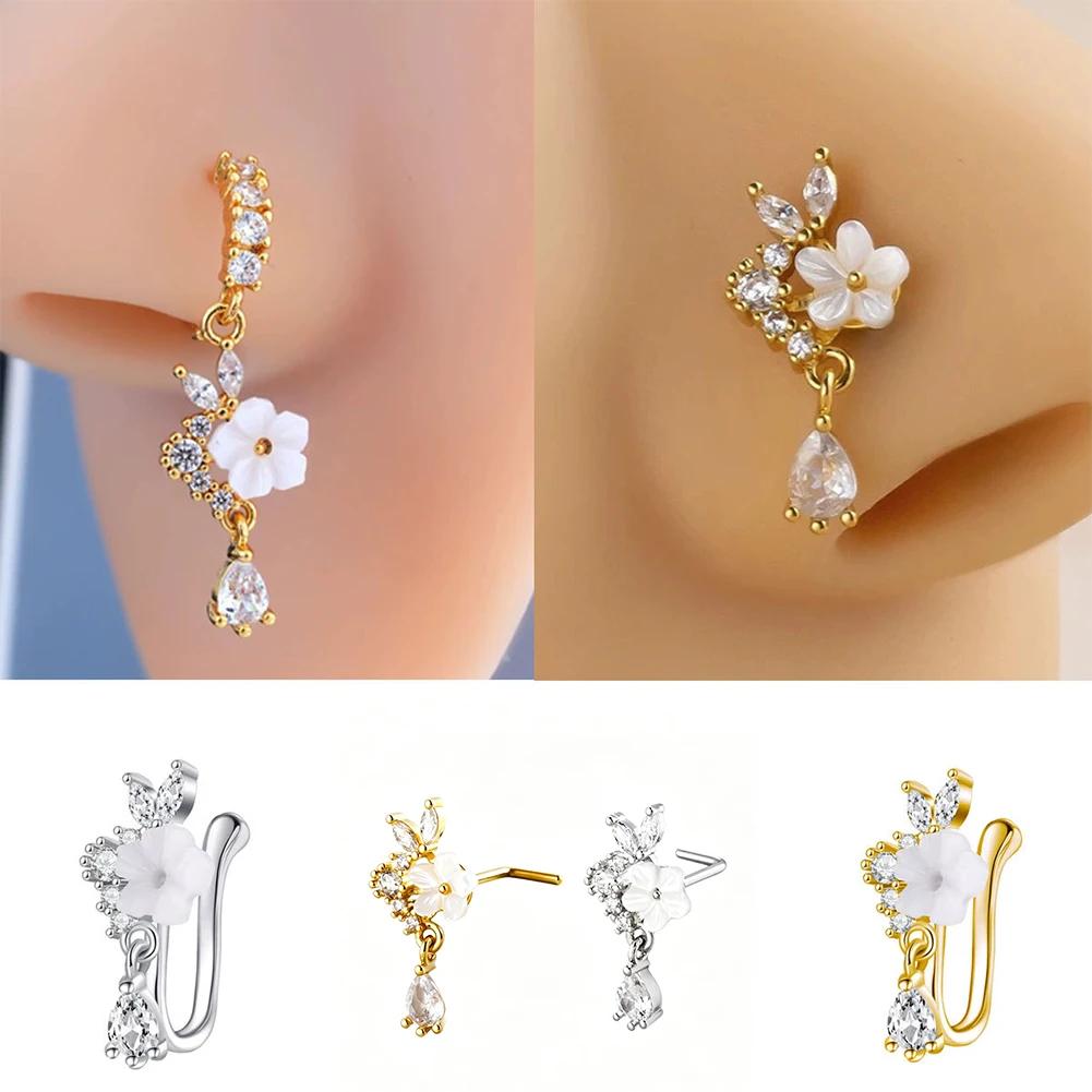 Women Fashion Floral Teardrop Dangle Nose Ring Festival Gifts Universal Girls L-Shaped Sparkling Zircon Nose Piercing Stud Set