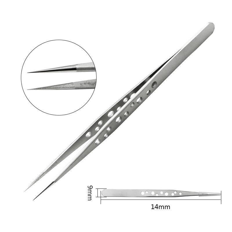 Stainless Steel Bent Tip Sandblasting/Bright Polish Repair Tweezers with Nine-Hole Hard Flat Tip