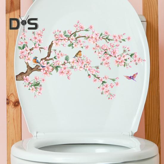 Flower Branch Bird Toilet Sticker Removable Self-adhesive Waterproof PVC Living Room Wall Art Floral Bathroom Toilet Lid Decoration Decal