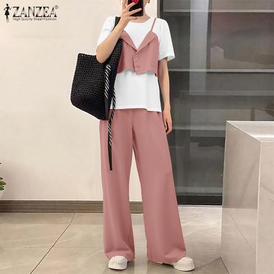 Damen Patchwork Kurzarm Bluse und Hose Sommer Zweiteiler Anzugsets