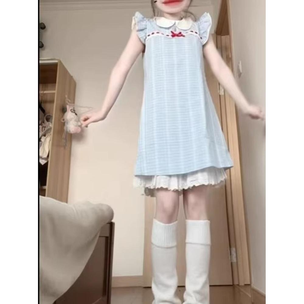 Sweet plaid lace short sleeve summer new nightdress Japanese student dress loose pajamas can be worn outside