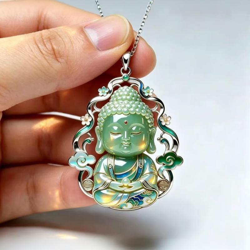 Ethnic Enamel Auspicious Imitation Jade Pendant Necklace Vintage Jewelry For Women Traditional Outfit Accessory Gift