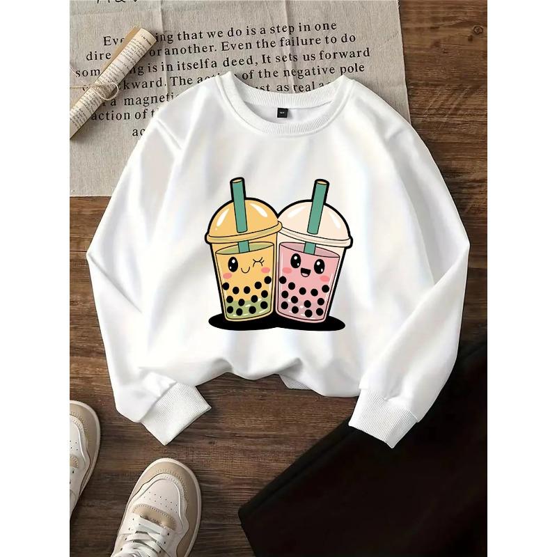 European sizes Kids' Crewneck Sweatshirt - Cute Bubble Tea Faces with Straws , Sportswear And Casual Wear, Soft And Comfortable, Children's Clothing