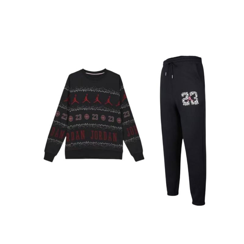 

Jordan Essentials Holiday Logo Crew Neck Long Sleeve Sweatshirt And Mid Rise Drawstring Pants Casual Sports Set Men sets DJ0192-010+FD7464-010 S