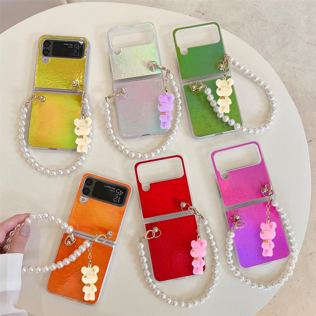 Für Samsung Galaxy Z Flip 4 5g Luxus Aurora Bunte Hülle mit Perlenkette Bär Anhänger Laser Gradient Bling Anti-Drop Cover