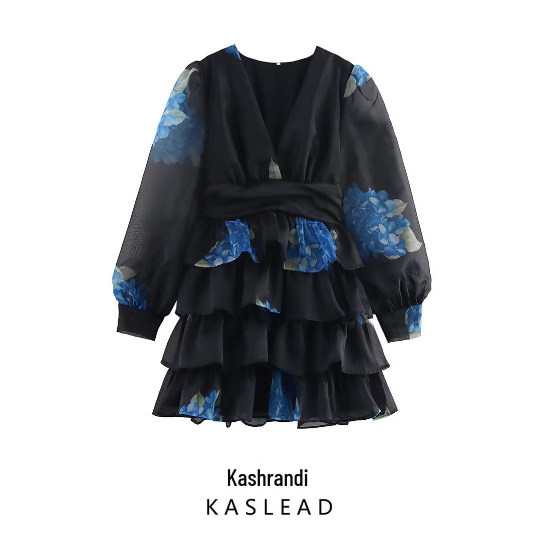 

2025 Spring Women s Plus Size European & American V-neck Organza Print Layered Skirt XL чёрный