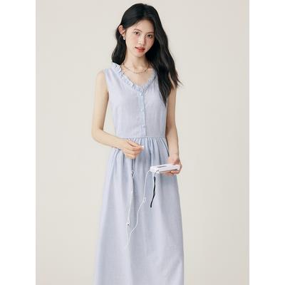 Summer Blue Plaid Edge Lace-up Sleeveless Vest Skirt Women's Medium and Long Dress