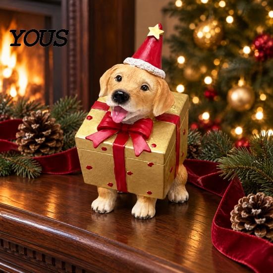 Christmas Party Supplies Dog Figurine, Resin Puppy Statue in Tree & Gift Small Animal Figurines Box Costume, Festive Desktop Mantel Decor,