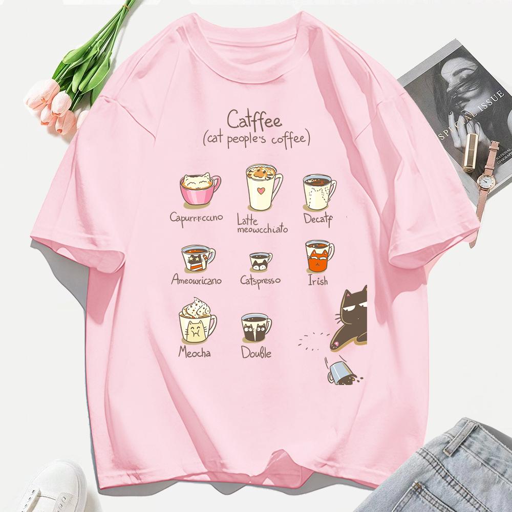 Cat People'S Coffee Illustration Printing T-Shirt Woman Summer Cotton T Shirts Y2K Soft Comfortable Top Unisex Hip Hop Clothes