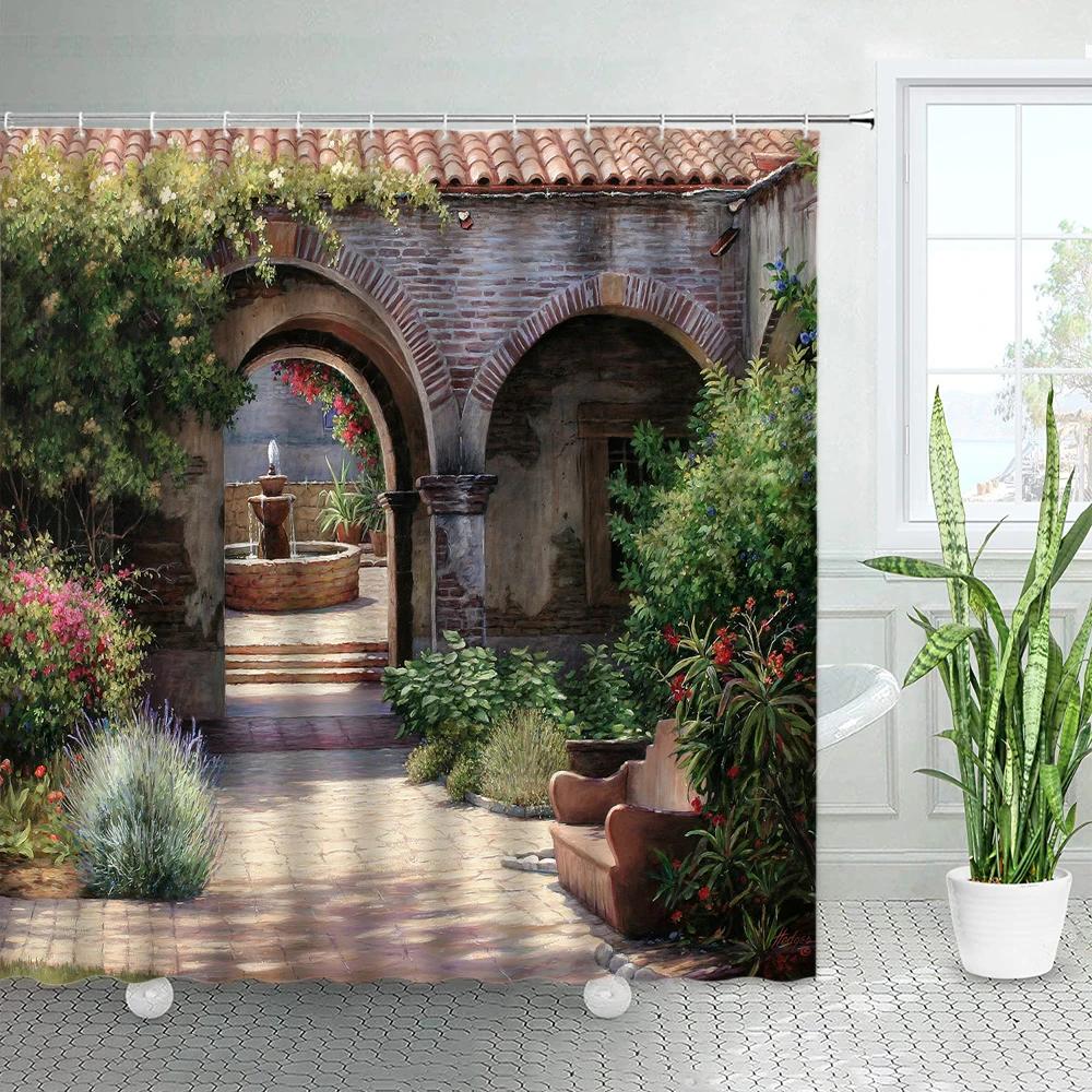 Spring Rural Landscape Shower Curtains Set Pink Flowers Tree Forest Natural Floral Green Plant Scenery With Hooks Bathroom Decor