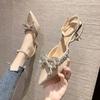 New Mesh Red Rhinestone Bow High -Heeled Shoes Women 'S Thin Heel Pointed Head Strap Design Sense Of Minority Temperament