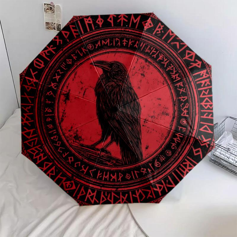 Rune Raven pattern, automatic folding umbrella, portable and foldable design, 8 ribs, a Christmas or birthday gift.