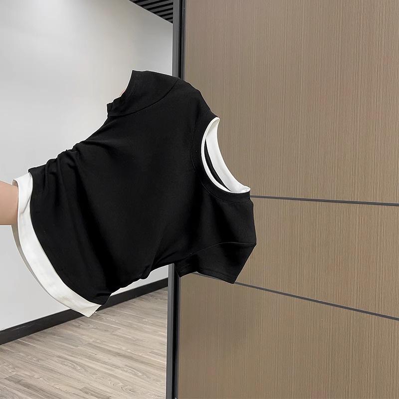 

Свежий светло-голубой модальный топ с коротким рукавом и цветными блоками: Летняя футболка с эффектом двухслойности для женщин Extra Large чёрный