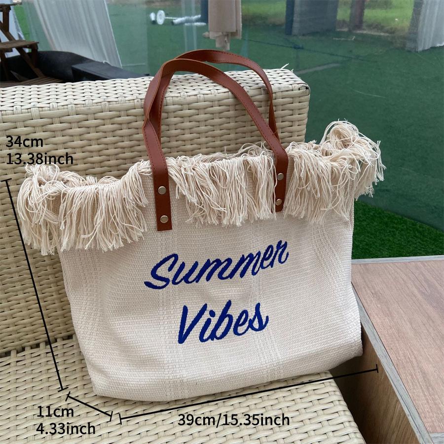 Korean Canvas Embroidered Tote: Versatile Women's Woven Beach Handbag with Tassel