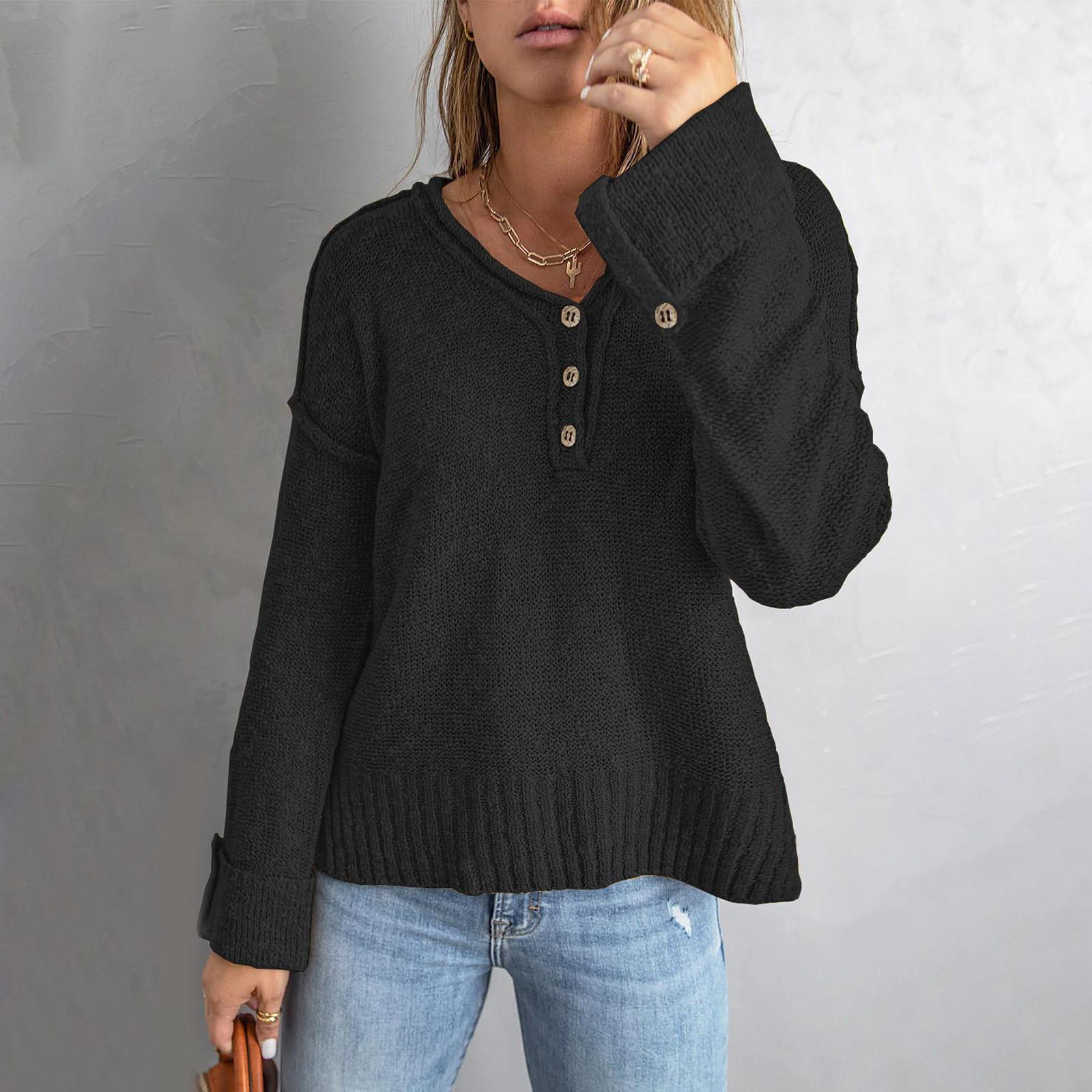 

Women s Temperament Casual Solid Color Button Off Shoulder Loose Knitted Sweater XXL чорний