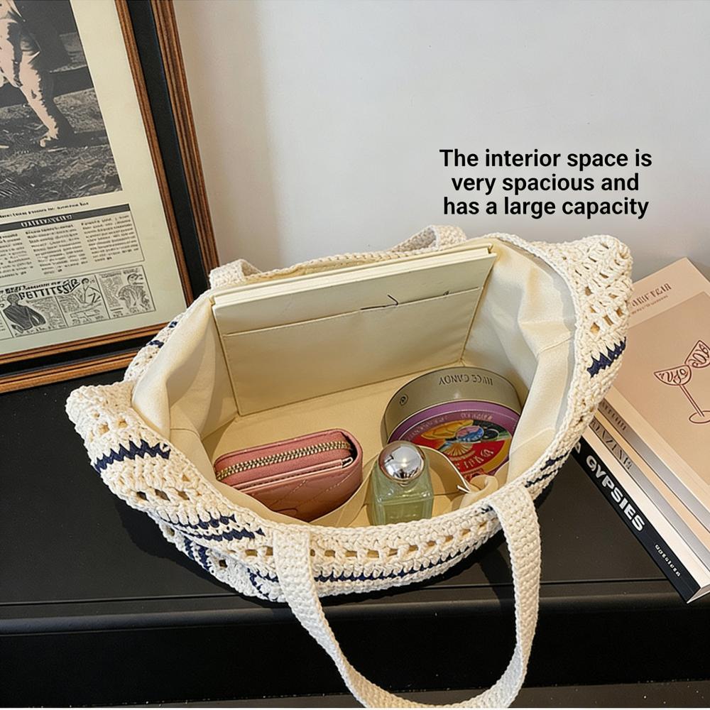 Crochet Tote Bag Striped Woven Shoulder Bag Large Capacity Straw Beach Handbag Fashion Casual Daily Commuting Shopper Tote Bag