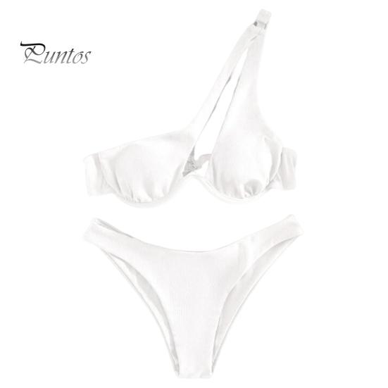 

Женский сексуальный комплект бикини, 2 шт./компл., однотонный бюстгальтер на одно плечо, трусы с высокой талией, быстросохнущий купальник, пляжная одежда S белый