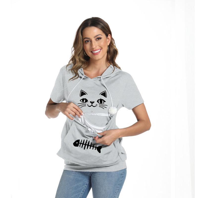 Women's summer cat face fish bone print loose large pocket short-sleeved hooded T-shirt