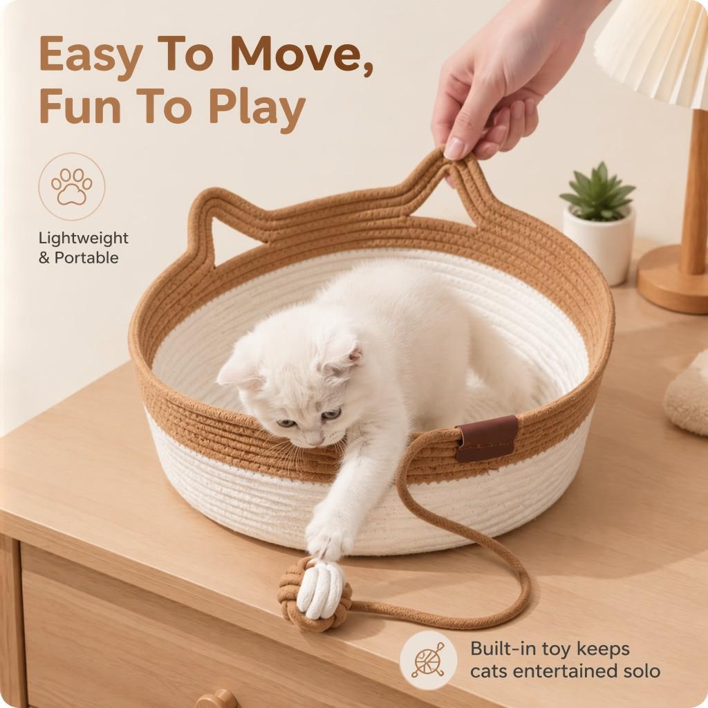 Handgeweven katoenen kattenmand interactieve schuurklauwennest met schommelend speelgoedstaart vierseizoenen ademend huisdierbed karamel kattenmand + speelbal medium