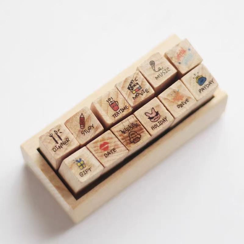 Office School Supplies Diary Seal Decoration for Handbook Love Life Wooden Seal 12 Pieces Wooden Box 5 Options Kawai Lovely Gift