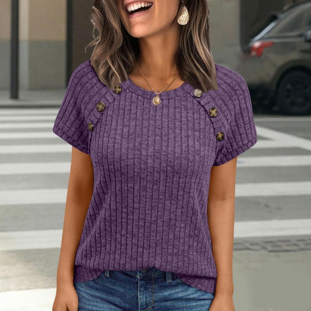 Spring Summer New Women's Knit Short Sleeve T-shirt, European American Style Crew Neck Button Design Slim Fitted Tops