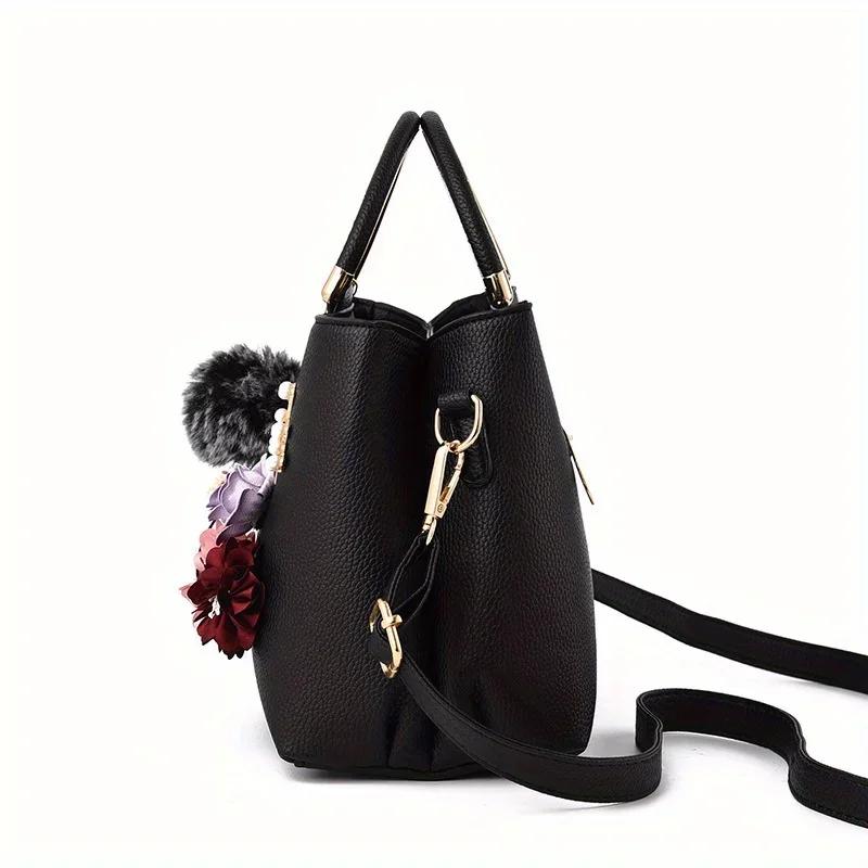 Chic 3D Flower Decor Tote Bag, Stylish Leather Single Crossbody Bags for Women's Handbag Shoulder Bag, Small Top Handle Purse