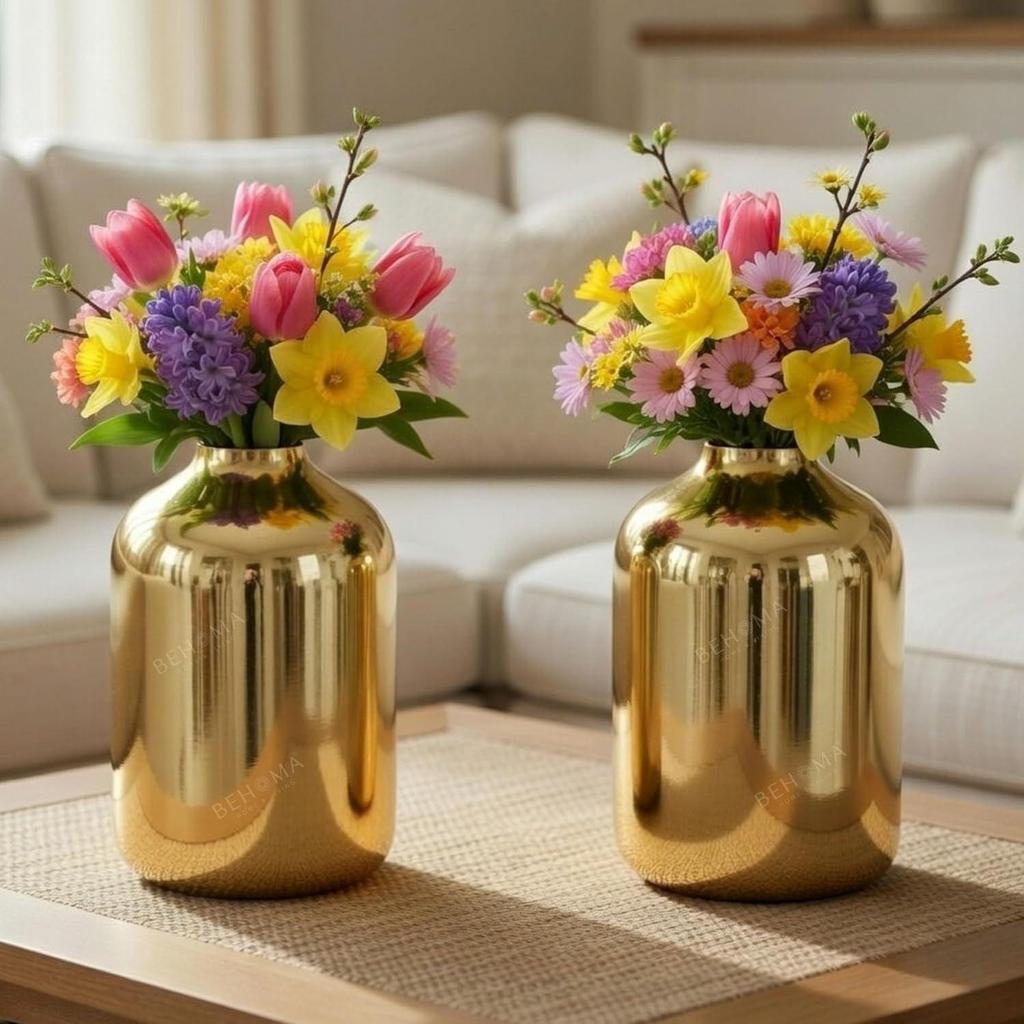 Metal Flower Vase Set of 2, Gold | Modern Metal Flower Vase In Gold –  Displays for Living Room – Great Wedding Gift (Set of 2)