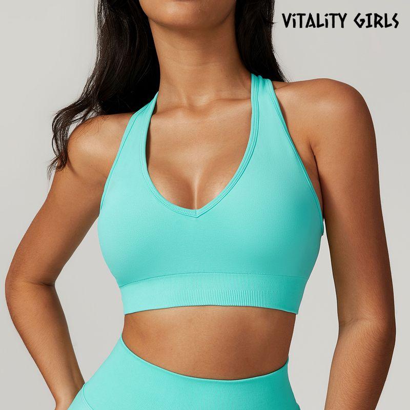 

Vitality Girl Fashion Halterneck Yoga Intimates Deep V Sexy Hollow-out Beauty Back Workout Clothes Women s Sports Bra Mint Blue XL