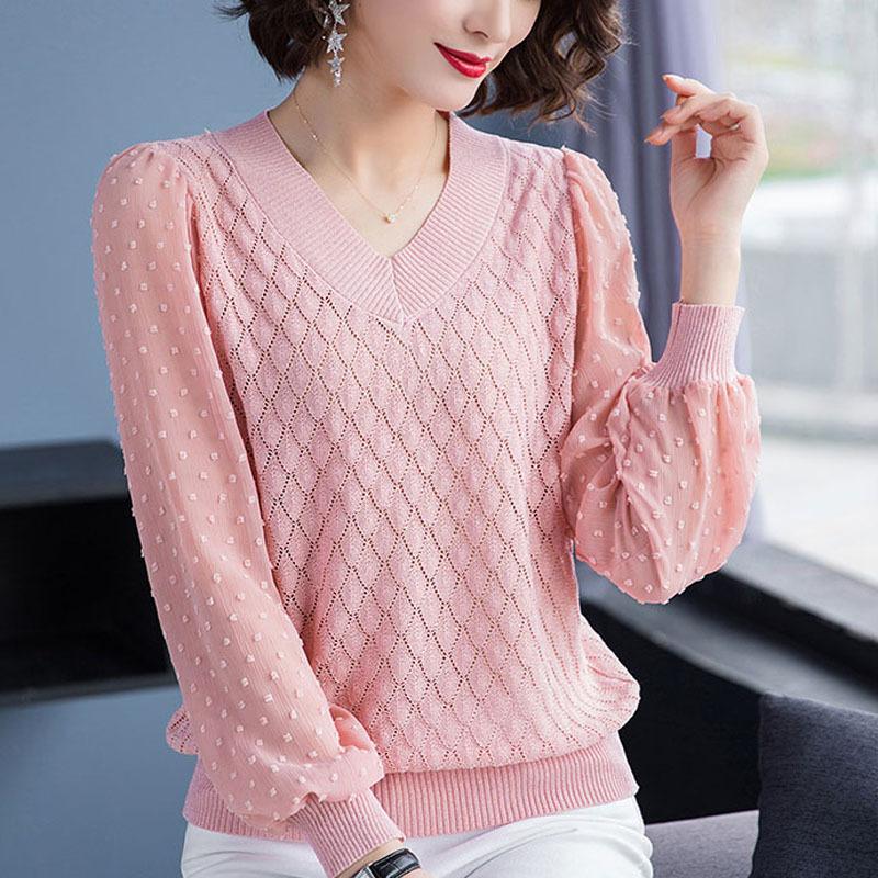 Chiffon Stitching Yarn Sleeve V-neck Sweater Women's Autumn Loose Hollow Thin Sweater Women's Bottoming Shirt