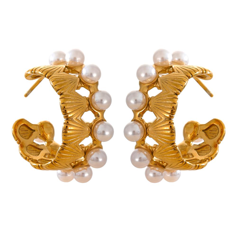Yhpup Shell Casting Imitation Pearls Geometric Hoop Earrings Golden 18K Plated Stainless Steel Fashion Holiday Jewelry Gift