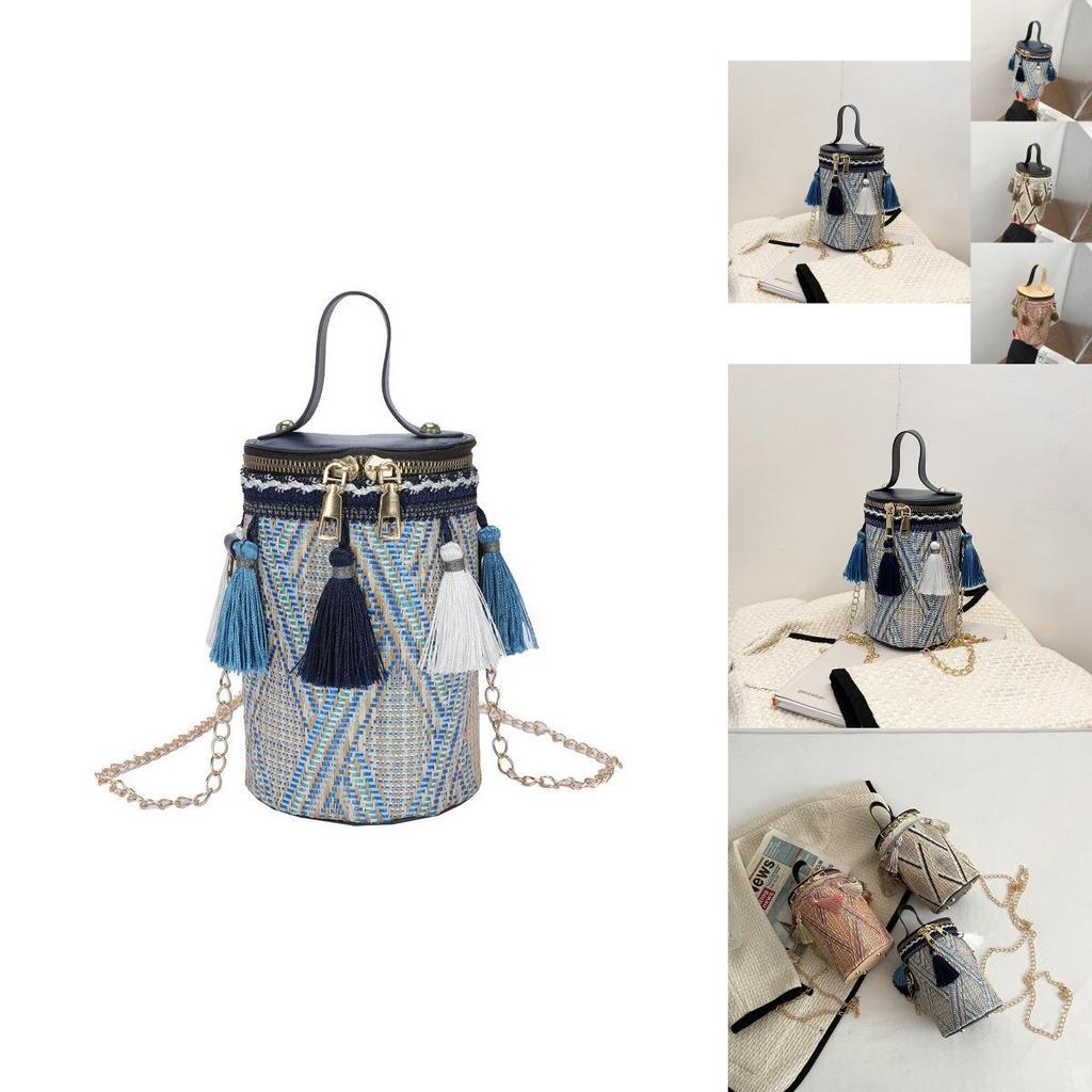 Stylish Round Box Bag For Women In Ethnic Design Soft Weave With Tassel Detail
