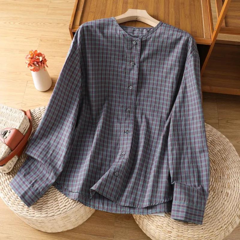 

Литературный Ретро Мода Повседневная Клетчатая Рубашка с Длинным Рукавом Женская Осень Свободный Кардиган с Круглым Вырезом M фиолетовый