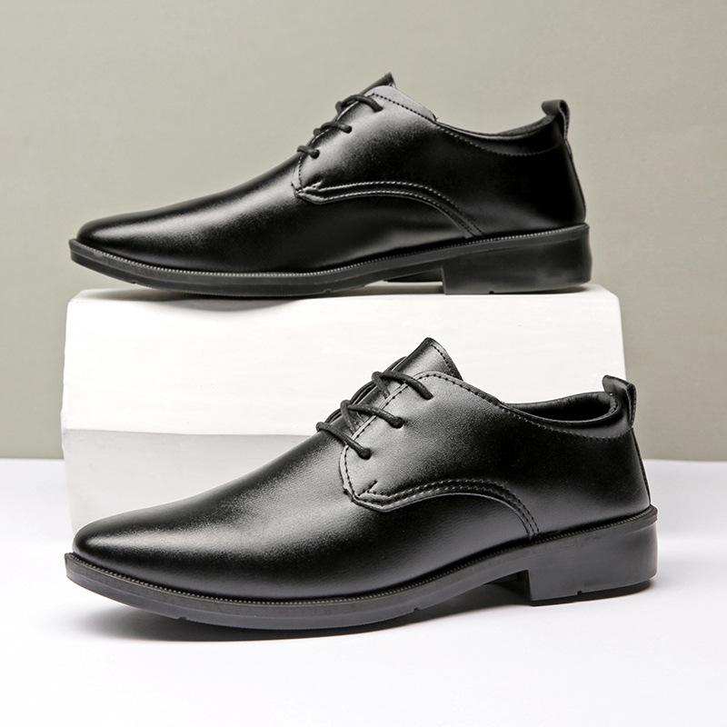 Business Leather Shoes Men's Black Casual Work Shoes Simple Fashion Best Man Wedding Shoes Versatile Lace-up Soft Sole Non-slip Men's Shoes