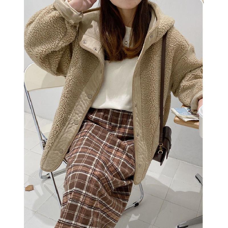 Imitation Lamb Wool Hooded Coat For Women Fall Winter Coat Button New Korean Style Small Loose Slimming And All-Matching Top