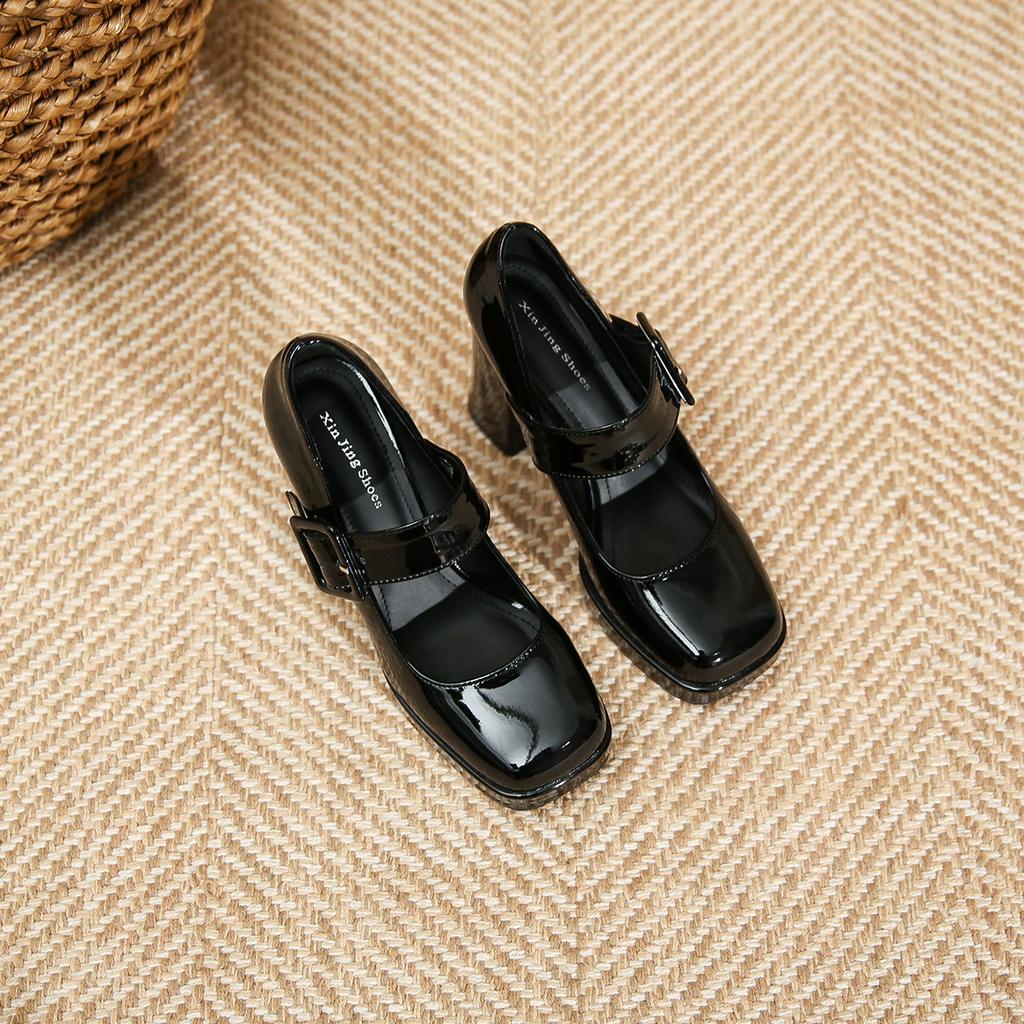 3359-17 Mary Jane Square Head High-heeled Single Shoes, New Light-mouth Buckle Thick-heeled Women's Shoes with Square Buckle Single Shoes