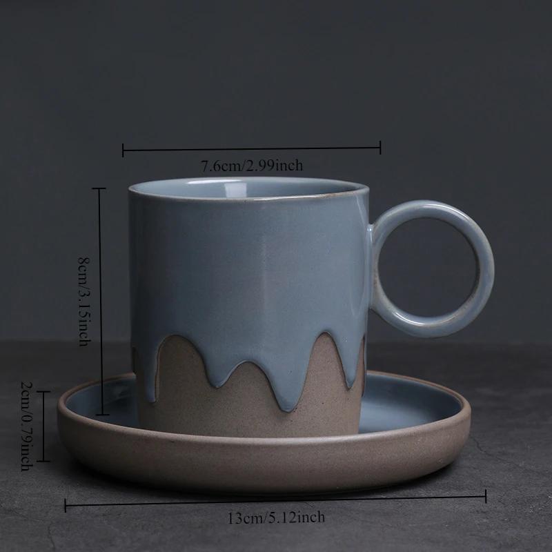 Creative Vintage Style Coarse Pottery Coffee Cup and Saucer Set with Flowing Glaze Finish for Latte Art Home Decor Use Gift Box