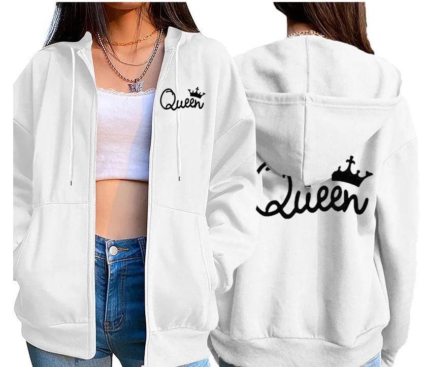 Felpa con Cappuccio e Tasca con Zip da Donna con Stampa Corona di Regina e Giacca Baseball.